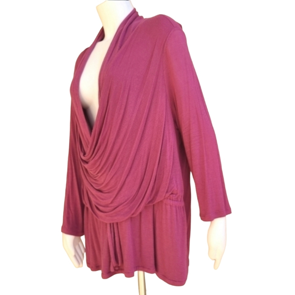 FEVER Raspberry Pink Faux Wrap Top 1X Draped Front Long Sleeve Knit Blouse - Picture 9 of 15